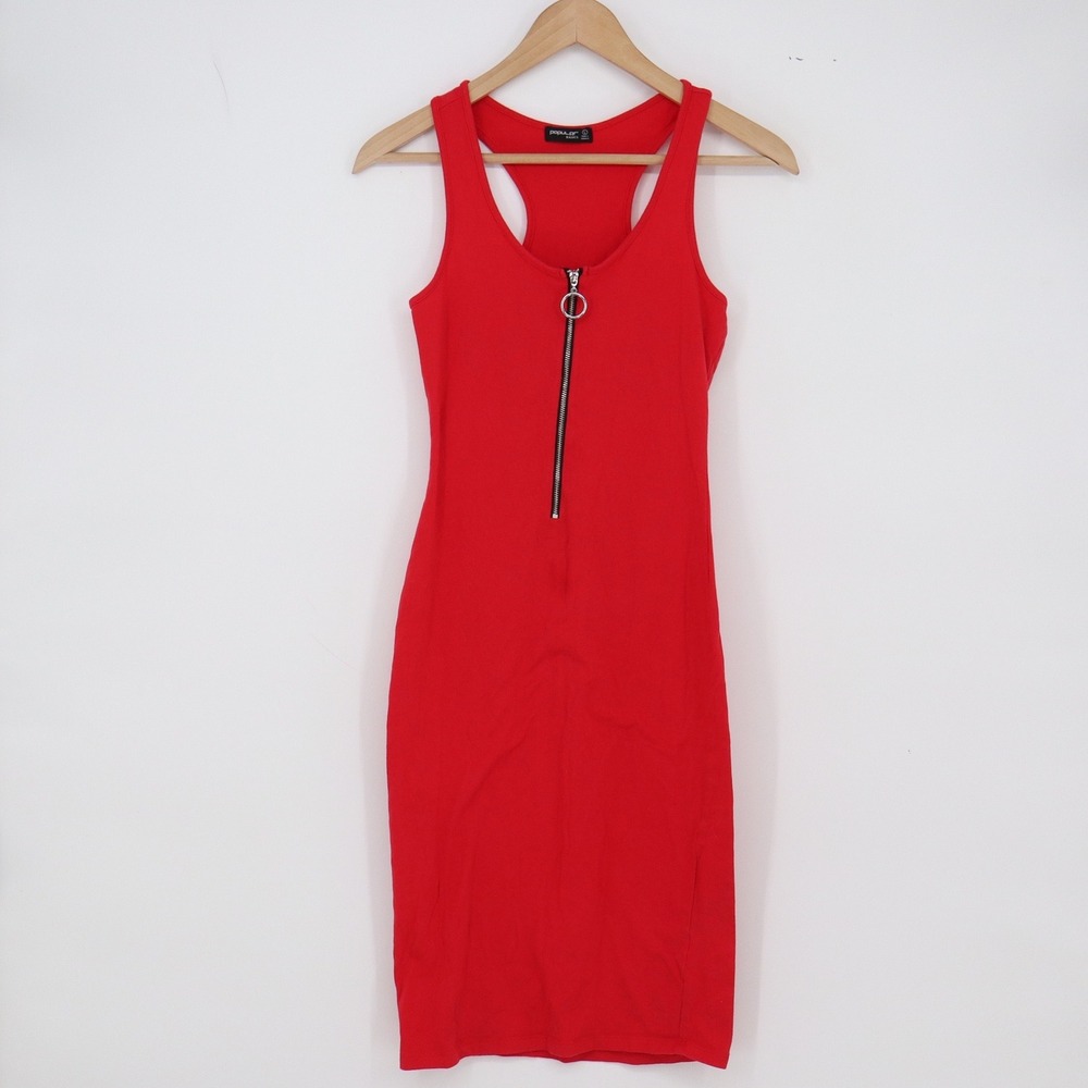 Popular Basics Dress Womens L Red Racerback Zip Front Midi Excellent